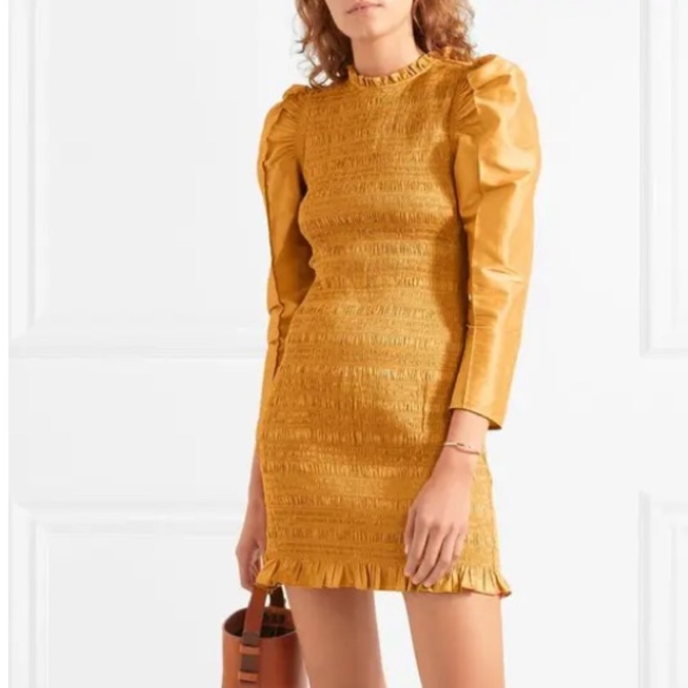 Ulla Johnson Mustard Aurele Shirred Taffeta Mini